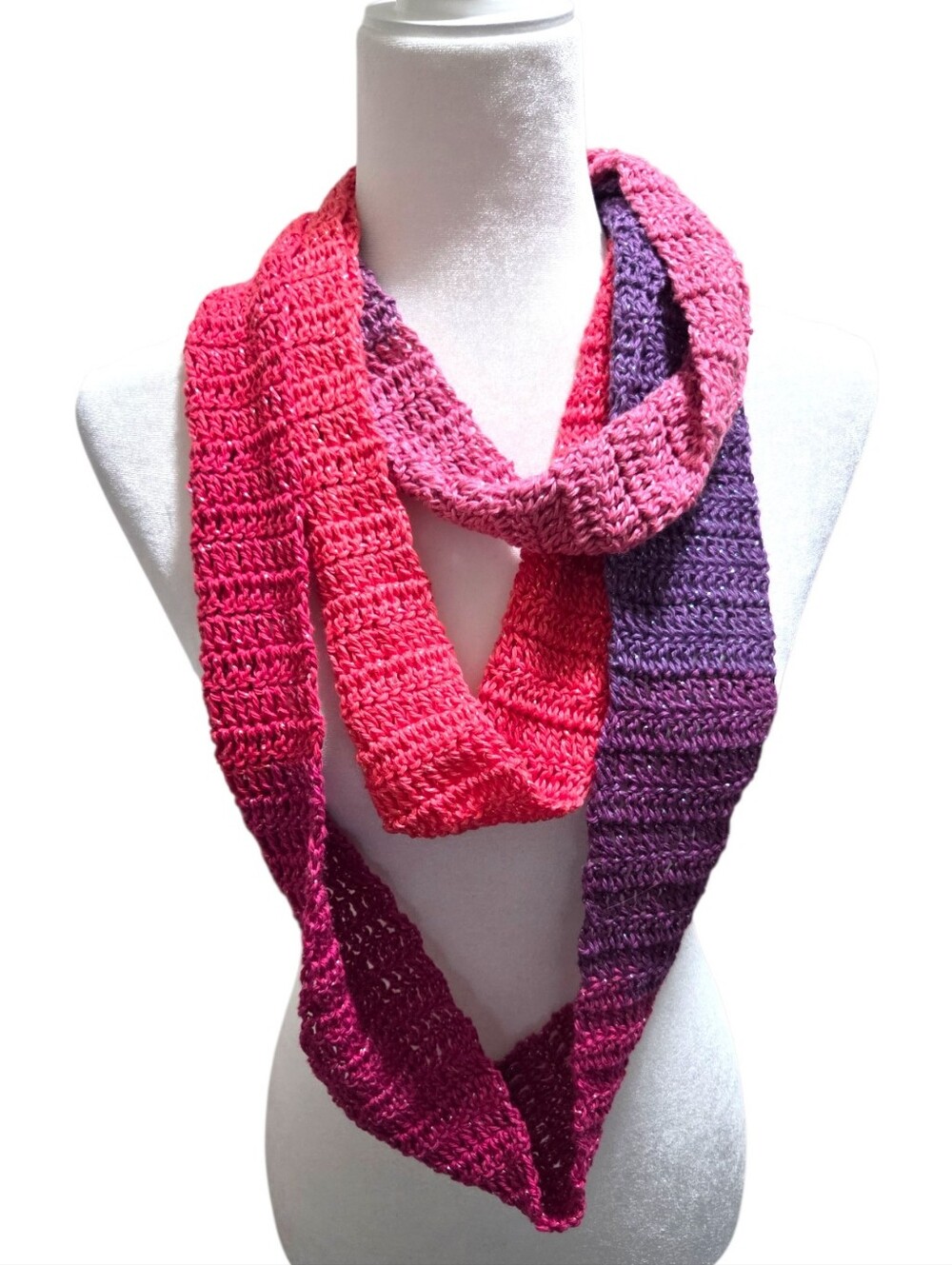 Handmade Double Crochet Colorful Infinity Scarf Pink Purple Ombre Sparkle Cotton - Picture 3 of 12